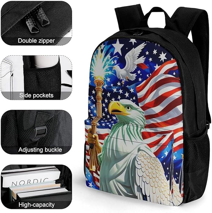 Rucksacks Polyester Anti-Theft Multipurpose Statue Of Liberty American Flag Eagle Patriotic Carry On Bag Large Capacity Gym Outdoor Hiking Backpack With Smooth Zippers