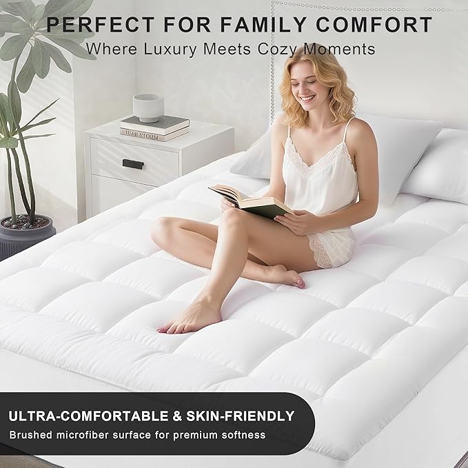 Quilted Mattress Pad Pillow Top Mattress Cover Protector Cooling Soft for Breathable Padded Deep Pocket 8-21 Fitted Supportive(White,Twin Size)