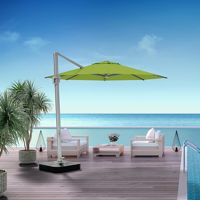Midtown Umbrellas 10 Ft Outdoor Cantilever Patio Umbrella w/Sunbrella Macaw Fabric - Tilt 360° Rotate Offset Patio Umbrella, Deck Patio Umbrella, Backyard Umbrella & Garden Umbrella - Silver Frame