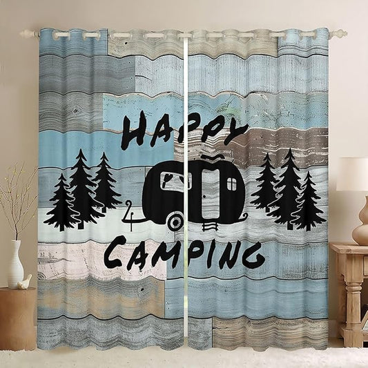 Happy Camping Adventure Blackout Curtains,Pine Tree Camper Silhouette Rustic Boys Girls Room Decor,Wooden Plank Farmhouse Cabin Window Drapes,Blue 2 Panels,52Wx96L inch