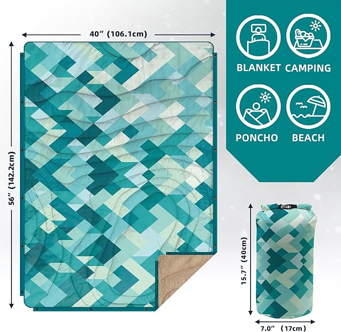Outdoor Camping Blanket with Sherpa Lining, Extra Warm Thick Camp Blankets and Puffy Ultralight Soft Poncho DWR Camping Quilt for Cold Weather, Adventure, Sleeping, Backpacking 56"x 40"