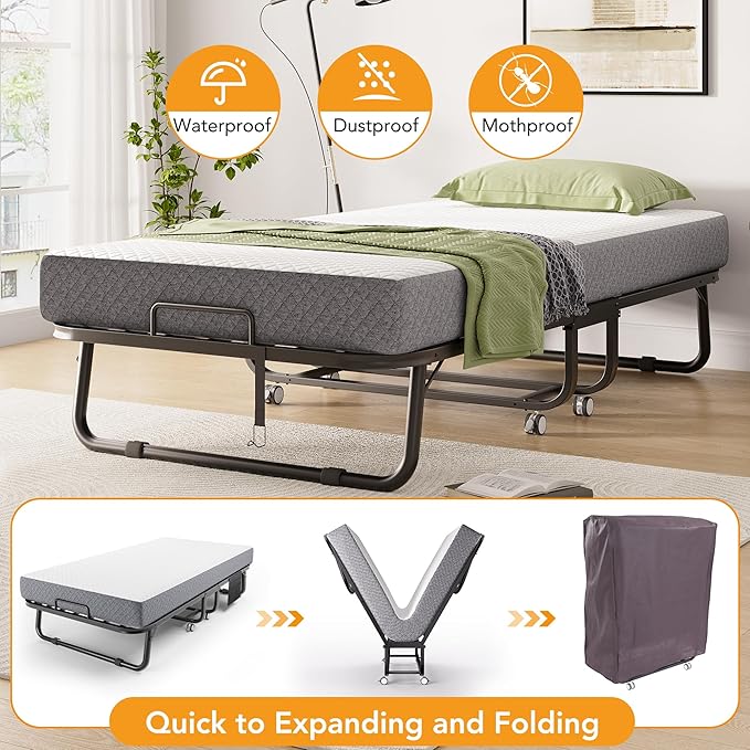 Folding Bed with Memory Foam Mattress, 75" x 38" Cot Size Portable Foldable Bed with Movable Wheels, Space-Saving Sturdy Metal Frame, Twin Rollaway Bed for Adults for Guest Room, Apartment, Camping
