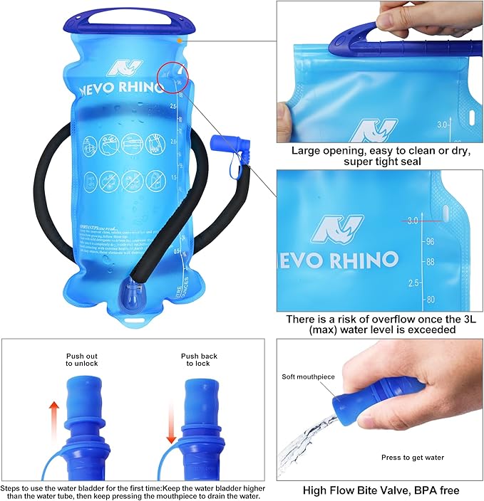 N NEVO RHINO Hydration Backpack with Water Bladder 3L, Hiking Backpack with Rain Cover, Insulation Water Daypack for Cycling Biking