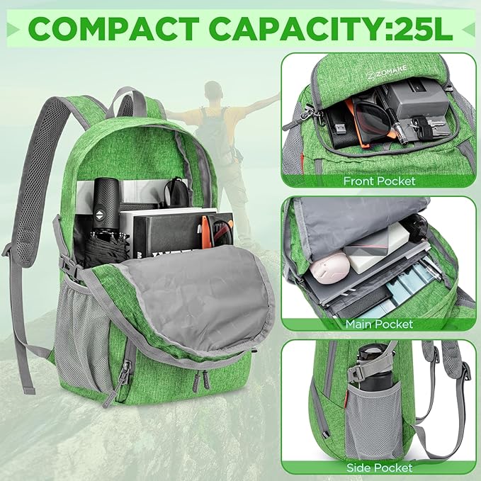 ZOMAKE Ultra Lightweight Packable Backpack 25L,Small Foldable Backpacks Hiking Water Resistant Collapsible Daypack for Women Men(Dark Green-A3)