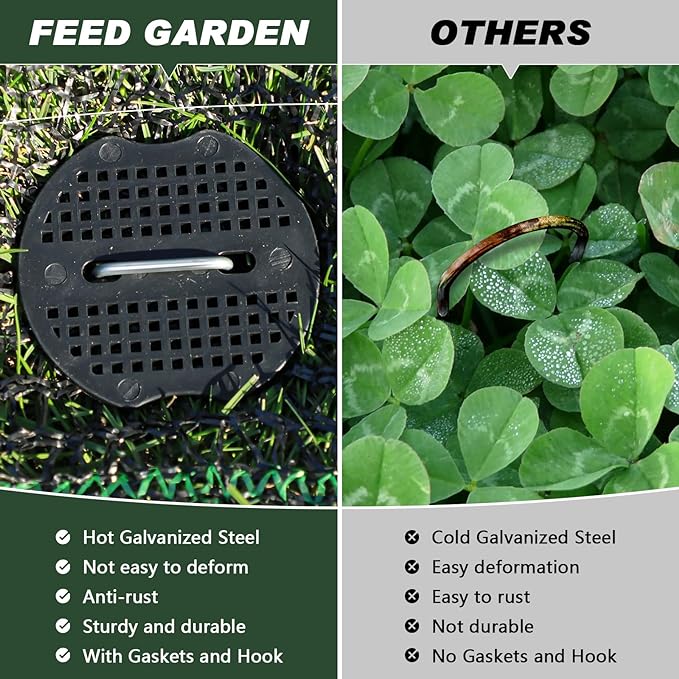 FEED GARDEN 6 Inch 100 Pcs Galvanized Landscape Staples 100 Pcs Gaskets Pick Hook Garden Stakes 11 Gauge Anti-Rust Landscaping Fabric SOD Pins U Shaped Yard Turf Stakes for Weed Barrier Fabric