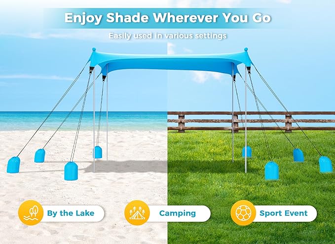 Gorich Beach Tent Sun Shelter with 8 Sandbags, UPF50+ Protection & Windproof Pop Up Beach Canopy Tent Sun Shade for Family, Travel & Camping, Easy Setup Canopy Umbrella