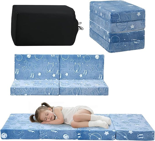 MeMoreCool Kids Folding Mattress, Trifold Mat Foldable Floor Mattress for Kids, 63x26 Tri Fold Floor Mat with Washable Cover and Carry Bag, Portable Floor Mat for Sleepover Daycare, Blue Astronaut