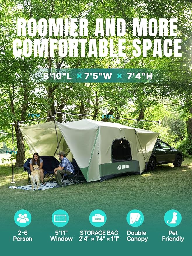 Niphean SUV Tent, 2 Mins Fast Setup Inflatable SUV Tents for Camping, Car Tent with Multi Room for 2/4/6 Person/Family, PU 3000mm Waterproof & UPF 50+ Silver Coated for Family Camping Hiking Parties