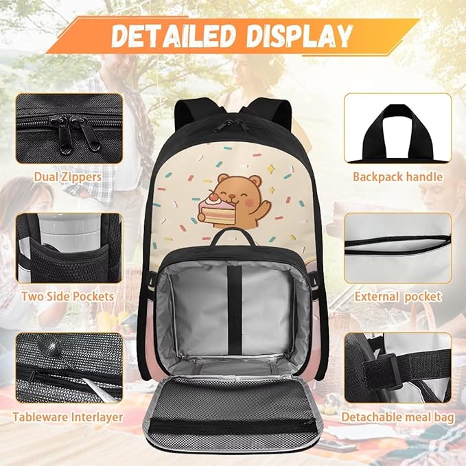 HUGS IDEA Cake Bear Backpack for Girls for School Cute Bookbag for Girls 8-10 Kids Backpack with Lunch Bag Cute School Bag Set for Elementary Students Casual Daypack