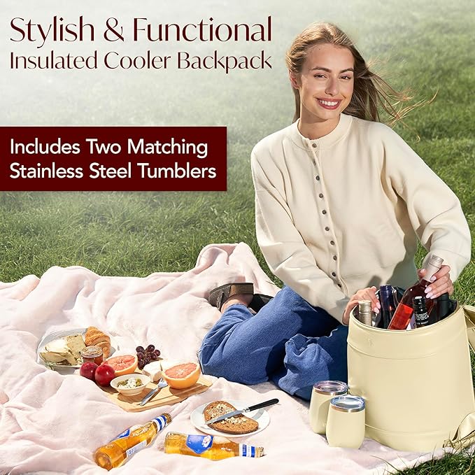Insulated Cooler Backpack with 2 Stainless Steel Wine Tumblers – Leakproof & Spillproof Stylish Vegan Leather Picnic Cooler Bag – Lightweight & Portable – Holds 24 Cans or 6 Wine Bottles
