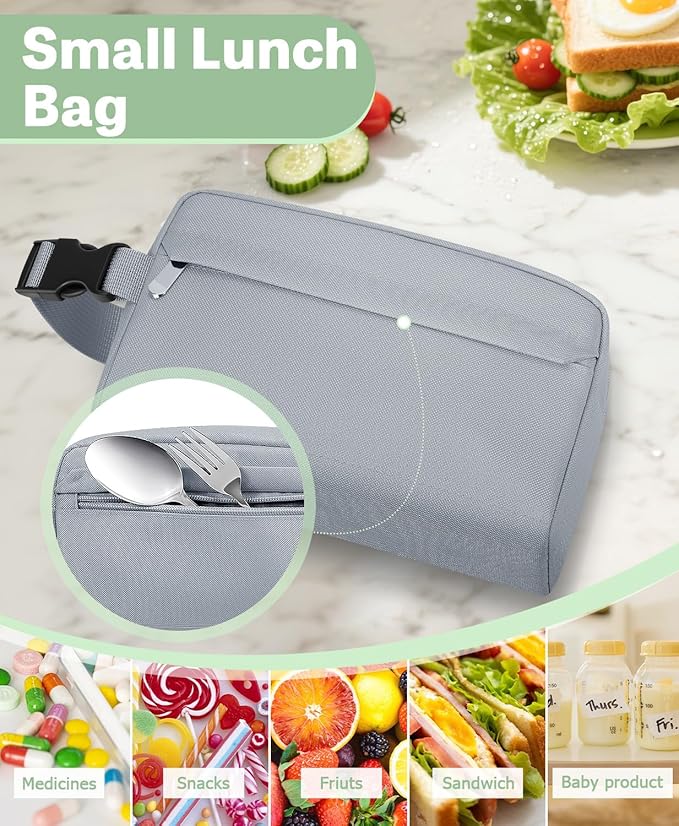 Small Insulated Snack Bag Lunch Bag for Kids Lunch Box, Collapsible [3L/5-Can] Reusable Lunch Bag Cooler Bag for Bottle with Handle Buckle for Work School Travel, Gray
