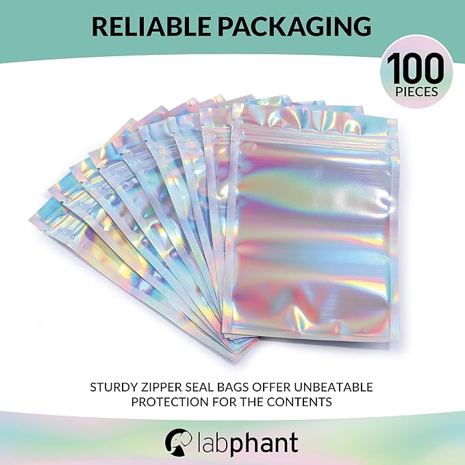Mylar Bags with Zipper Seal 4 x 6" | 100 Bags | Rainbow Holographic | Sealable Heat Seal Bags for Candy and Food Packaging, Medications and Vitamins | For Liquid and Solids (4" x 6")
