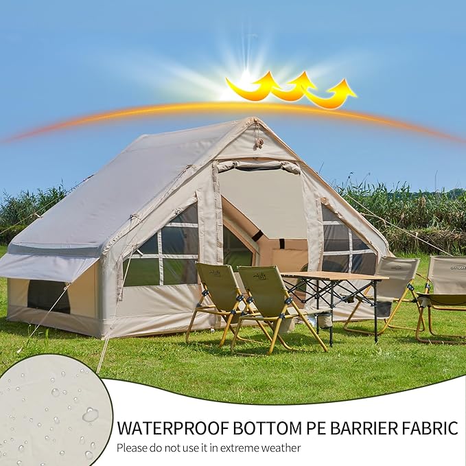 Inflatable Tents for Camping with Stove Jack, 2/4/6/8 Person Easy Setup Blow Up Tents for 4 Seasons Waterproof Inflatable Camping Tent with Awning, Air House Glamping Tents for Camping Adult