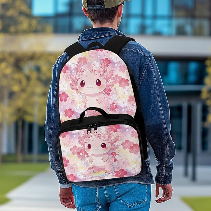 HUGS IDEA Cute Axolotl Kids Backpack with Matching Lunch Box for Girls Cute Backpack for School Girls School Bag Set for Elementary Students Kids Casual Camping Hiking Daypack