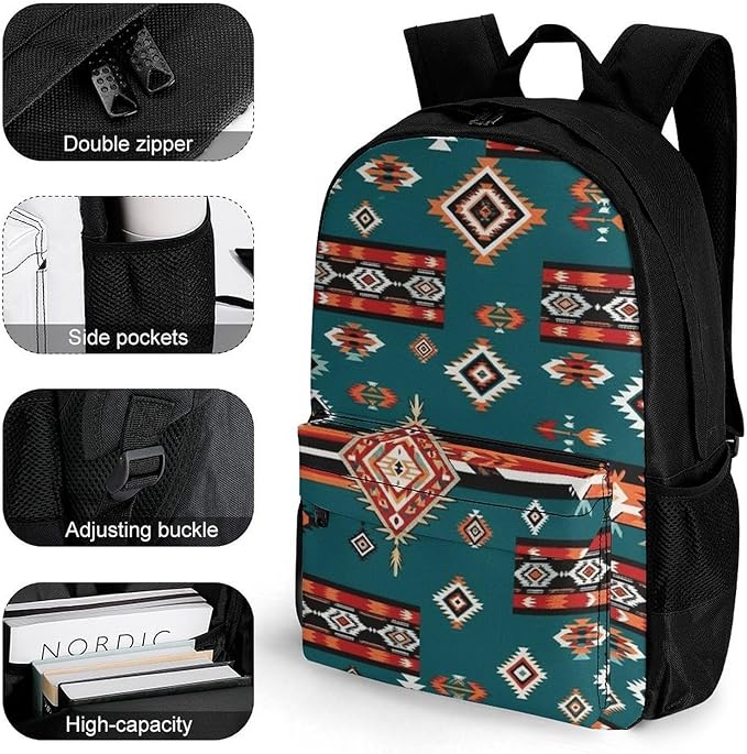 Supdreamc Lightweight Rucksack for Sports Travel Running, Big Capacity Multipurpose Anti-Theft Bookbag, Ethnic Aztec Geometric Indiana Western Southwest Pattern Travel and Sport Backpack Rucksack