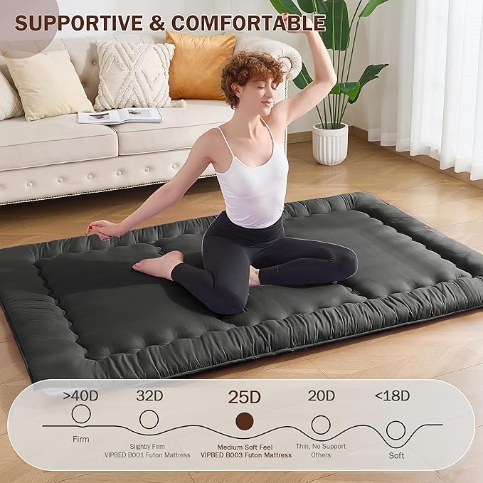 Japanese Floor Futon Mattress Full Size, 4" Thicken Foldable Mattress Tatami Mat Sleeping Pad, 25D Foam Filled Traditional Shiki Futon (shikibuton), Designed in Japan (Black 54"x 80")