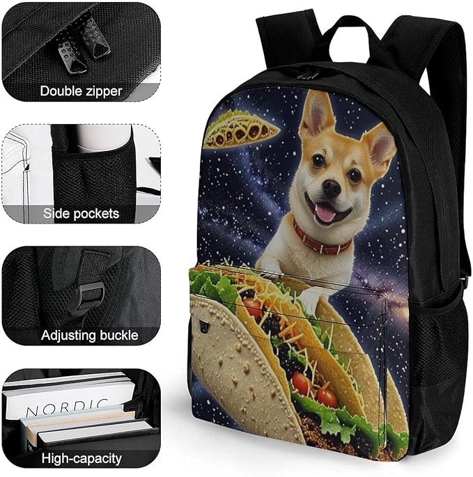 Supdreamc Daypack Lightweight Multipurpose Anti-Theft Space Funny Corgi Dog Pizza Taco Shoulder Bag Large Capacity Laptop Book Bag Rucksack With Adjustable Shoulder Straps