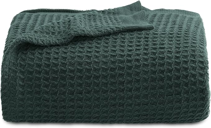 Bedsure Gentlesoft 100% Cotton Blanket Twin XL Size for College Dorm - Breathable and Soft, Waffle Weave Twin Blanket for Summer, Dorm Room Essentials, Dark Green, 66x90 inches