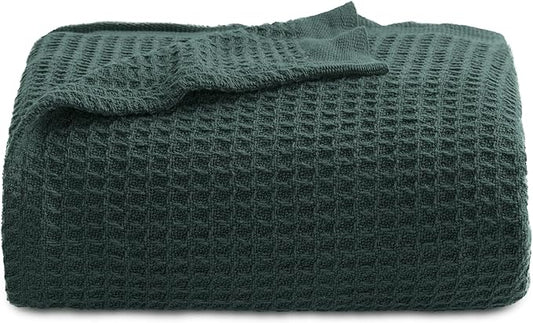 Bedsure Gentlesoft 100% Cotton Blanket Twin XL Size for College Dorm - Breathable and Soft, Waffle Weave Twin Blanket for Summer, Dorm Room Essentials, Dark Green, 66x90 inches