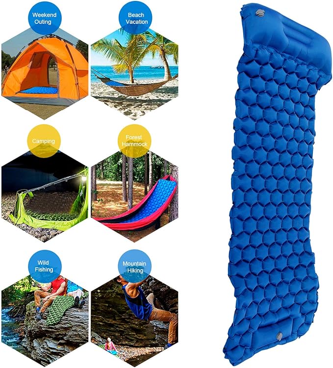 Inflatable Camping Sleeping Pad Mat, Ultra Lightweight Air Cushion Mattress for Tent Hiking Travel, 2 Way Valve Design with 40D Nylon Fabric and TPU Laminate, Compact Foldable (Blue)
