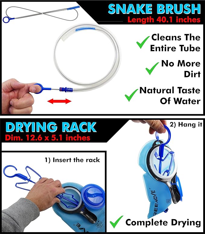 Hydration Bladder Cleaning Kit 6in1 - Clean and Maintain 2L and 3L Water Bladders with Ease - Includes 3 Brushes, Drying Hanger, Carry Bag & 2 Cleaning Tablets For Any Camelback Water Pack Backpack