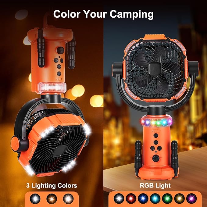 Odoland 20000mAh Camping Fan with Lantern, 360° Oscillation Rechargeable Battery Operated Outdoor Power Fan with Remote, Hook ＆ RGB Light for Camp, Family Travel and Jobsite, Orange