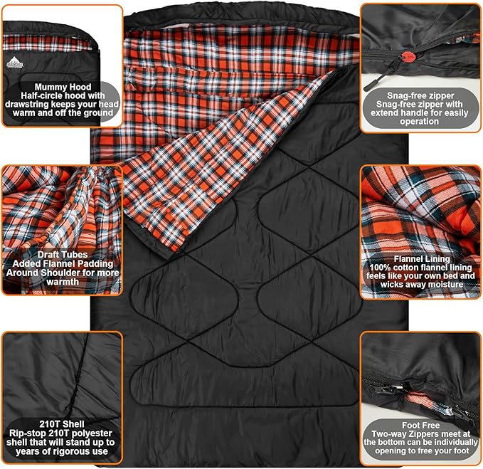AGEMORE Cotton Flannel Double Sleeping Bags for Adults, Cold Weather Waterproof Queen Size Sleeping Bag, 2 Person Double Wide Warm Sleeping Bag for Family or Couples Outdoor Camping or RV Traveling