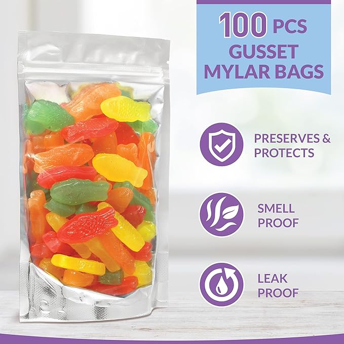 Stand Up Mylar Bags 5.5” x 8” +1.6" Heat Seal For Candy & Food Packaging, Medications And Vitamins - 100 Sealable Mylar Ziplock Bags with Gusset Bottom - For Liquid And Solids (5.5” x 8” + 1.57”)