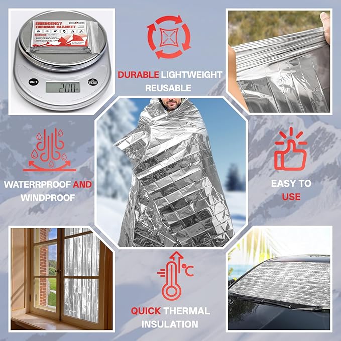 SecuCaptain Survival Emergency Thermal Blankets: 100 Pack Extra Large 84” x63” Space Mylar Blanket Kit for Outdoor Cold Winter Camping Hiking Car Bug Out Bag or First Aid