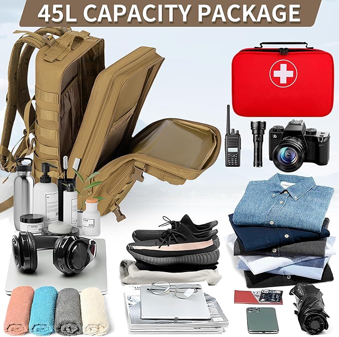 45L Military Tactical Backpack for Men, Large Molle Backpacks Outdoor Tactical Bag for Hiking Camping Travel (Khaki)