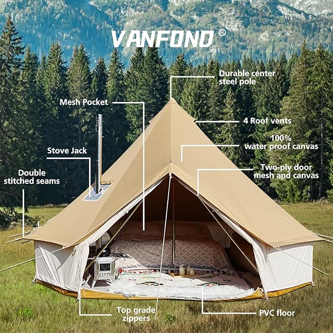 Canvas Bell Tent - 4 Seasons Glamping Tent with Stove Jack for Family Camping - Assorted Colors - Waterproof