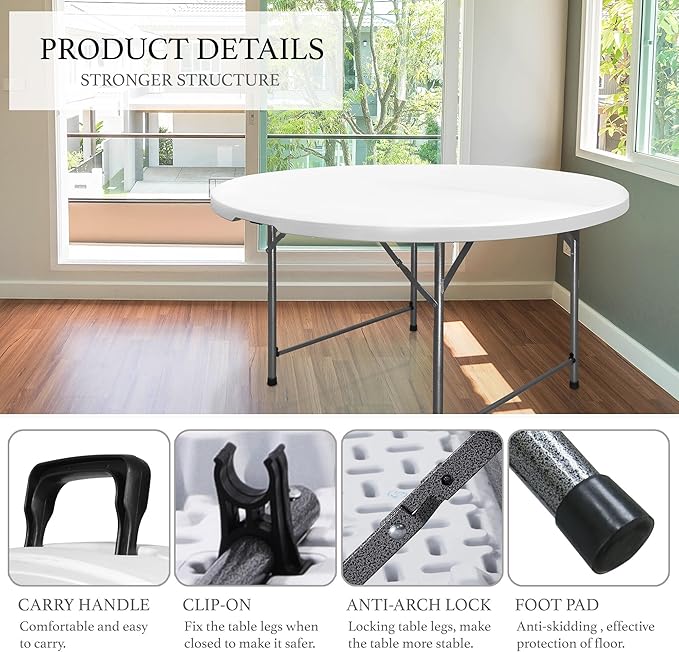 AJP Distributors 4 Foot Portable Round Folding Card Table 4FT 48" Half Foldable Heavy Duty Plastic w/Carry Handle - Indoor Outdoor Backyard Camping Picnic BBQ Party Wedding Dining Office Event White