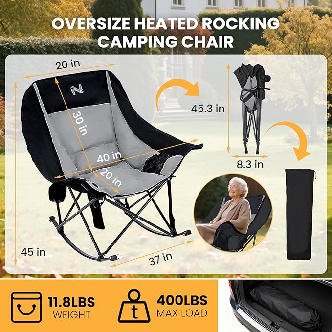 Begonia.K Oversized Heated Rocking Camping Chair - 400lbs Capacity Padded Camping Recliner w/ 3 Levels Back Seat Heat - Folding Lawn Chair with Side Pockets for Camp Patio Backyard