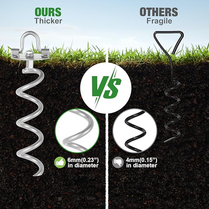 MIXXIDEA 11.4 Inch Gound Anchors Screw in, Metal Spiral Earth Anchors Kit, Heavy Duty Folding Ring Spiral Stake, Silver Ground Stakes for Tent, Trampolines, Garden Fence, Sheds, Swings (Pack of 4)