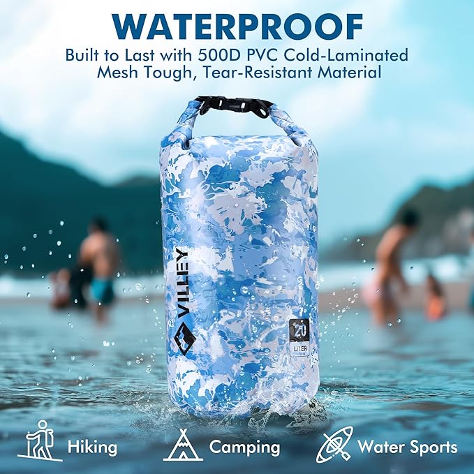 VILLEY Dry Bag Waterproof 5L Roll Top Storage Backpack, Keeps Gear Dry Lightweight Backpack for Kayaking Boating Camping Swimming and Beach Accessories Blue Camo