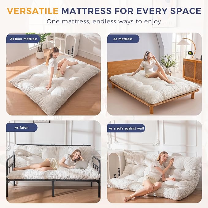 MAXYOYO Floor Mattress Full Size, 6" Chenille Japanese Futon Mattress Foldable Floor Bed for Adults Tufted Roll Up Floor Couch Bed, Tatami Mat Sleeping Pad for Living Room, Bedroom, Beige