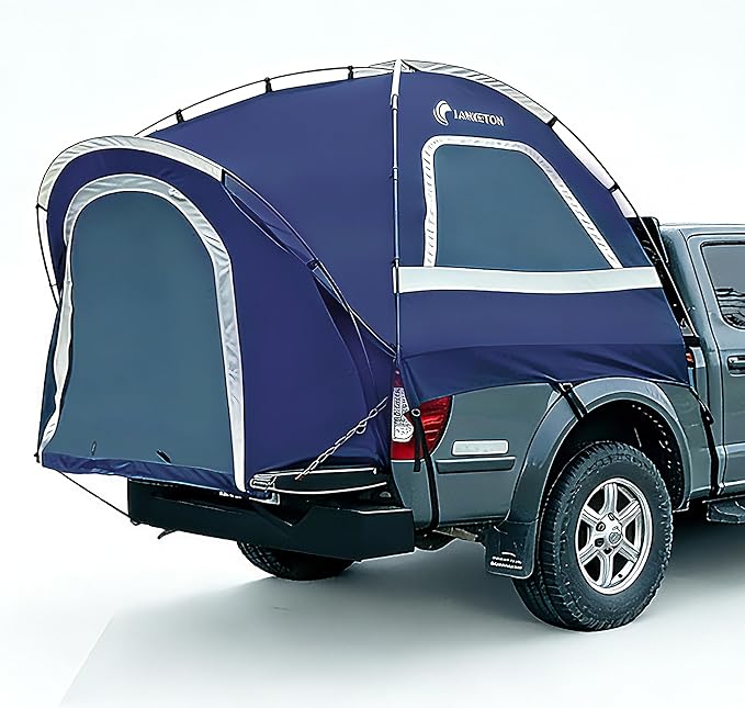 Pickup Truck Tent, Fit 5.5-6, 6.5ft Truck Bed, Waterproof PU3000 high Density Polyester Oxford, Windproof Pole and Insect-Prevention Double Layer Mesh Window & Door, Unique Rear Window Pipe