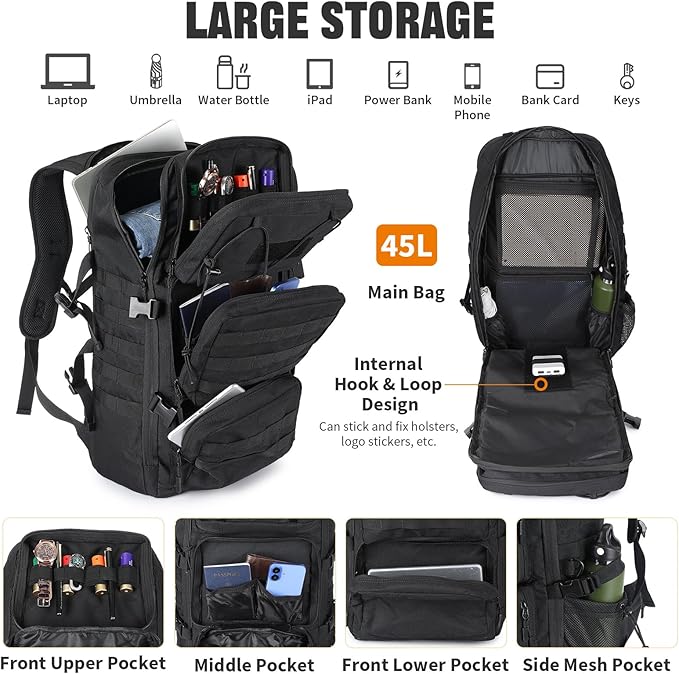 G-raphy Military 45L Military Tactical Backpacks For Men Camping Hiking Trekking Daypack Bug Out Bag Lage MOLLE (Black-45L)