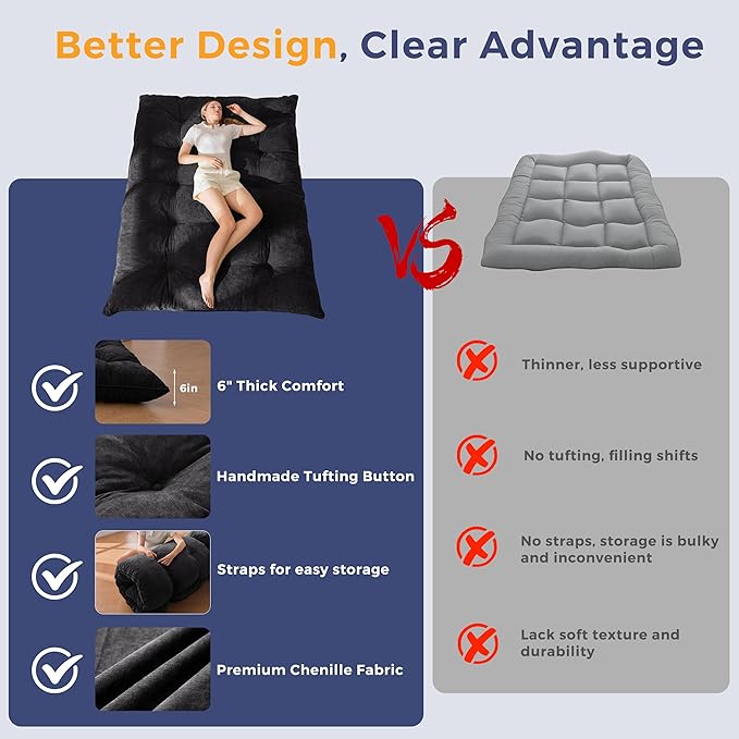 MAXYOYO Floor Mattress Queen Size, 6" Chenille Japanese Futon Mattress Foldable Floor Bed for Adults Tufted Roll Up Floor Couch Bed, Tatami Mat Sleeping Pad for Living Room, Bedroom, Black