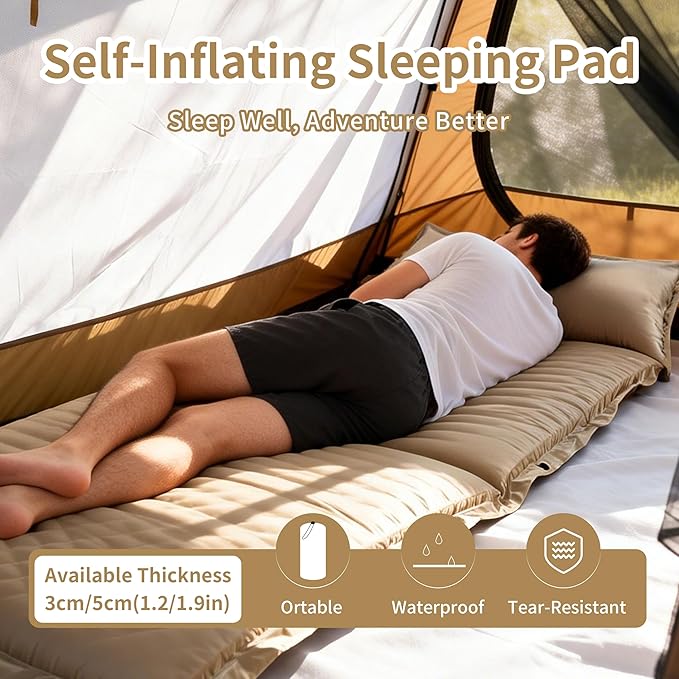 Self-Inflating Camping Mat - 1.2"/2" Thick Portable Air Mattress with Pillow for Outdoor, Hiking & Travel (Offwhite 1.2" for Single)