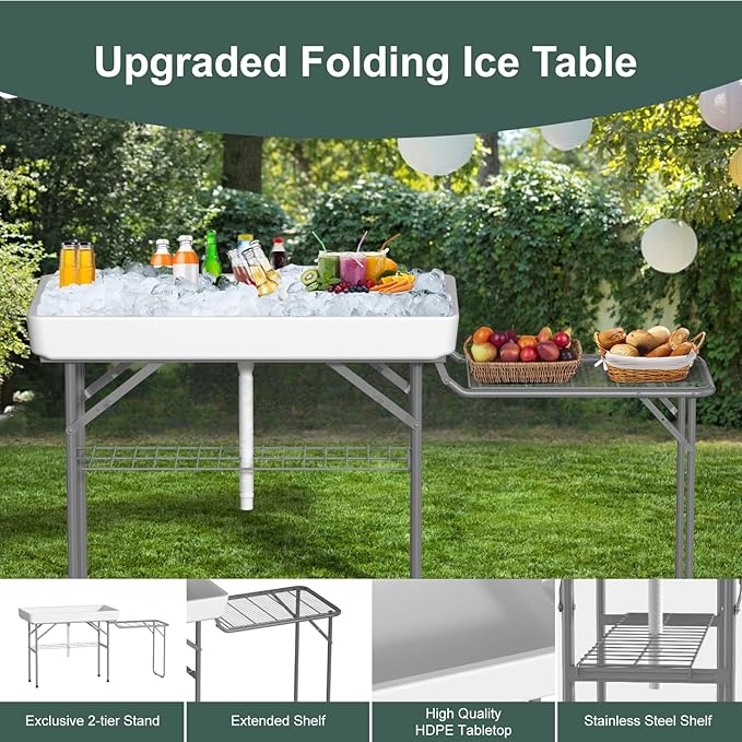 Ice Cooler Table with Foldable Extension Stand, 4 Foot Outdoor Ice Table with Matching Skirt & Drain Hose, Folding Cooler Tables with Metal Shelf for Party, BBQ, Camping Picnic, White