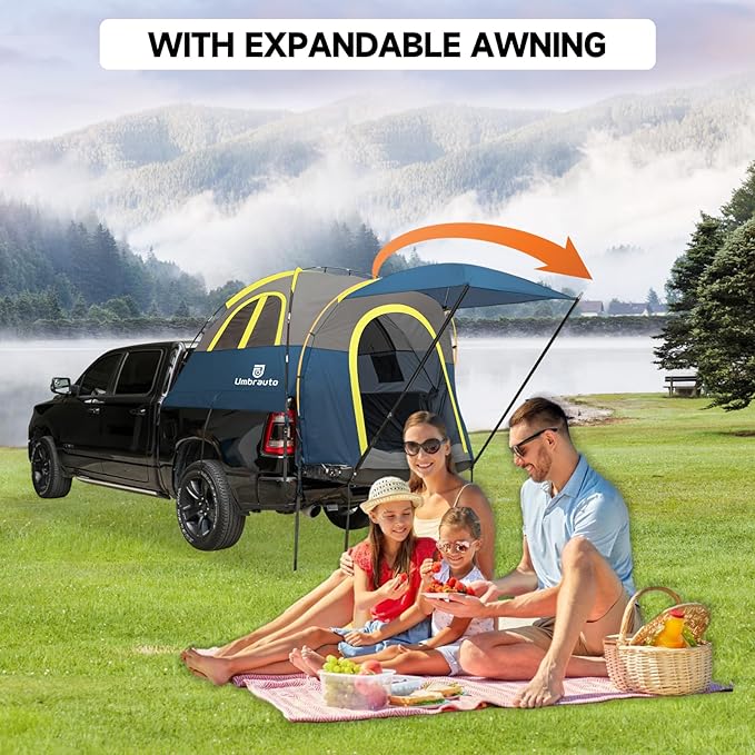 Umbrauto Truck Bed Tent with Awning: 5.5'-5.8' PU3000mm Waterproof Pickup Truck Tents, Easy Set-up for 2 Person, Fits Full Size Short Bed, Chevy, Dodge, Ford, GMC, Blue