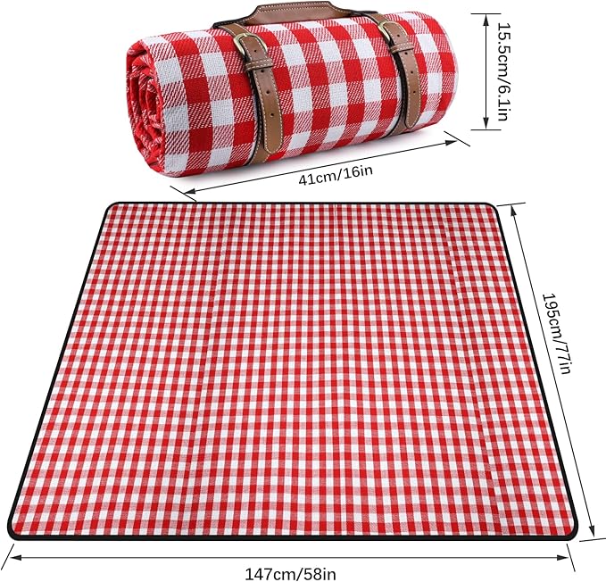 Extra Large Picnic Blanket Waterproof Camping Mat Rug with PU Carrier Soft Lightweight Portable Outdoor Mat for Travel Lawn Camping on Grass Sand-Proof Beach Red White Plaid