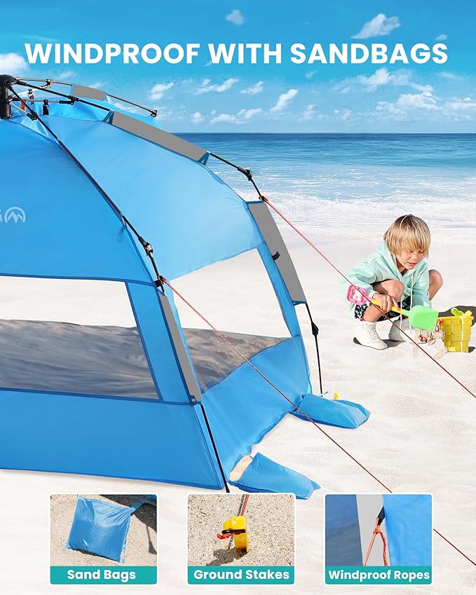 OutdoorMaster Beach Tent with Blackout Shelter Technology, Portable Sun Shade Shelter 4 Person, Pop Up Beach Tents with UPF 50+ UV Protection, 9.5mm Thick Pole, 3 Ventilating Mesh Windows -Blue