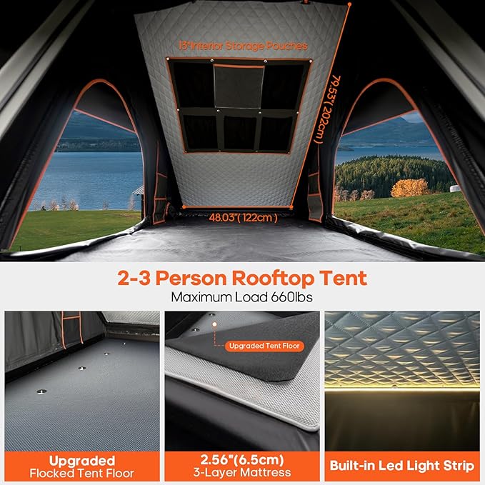 Explorer Pro Rooftop Tent Hard Shell with USB Outlet, Side Awning, Replaceable Netting Curtain&Luggage Racks for 4 Season Camping, Aluminum Pop Up 2-3 Person Roof Top Tent for Truck Jeep SUV Van