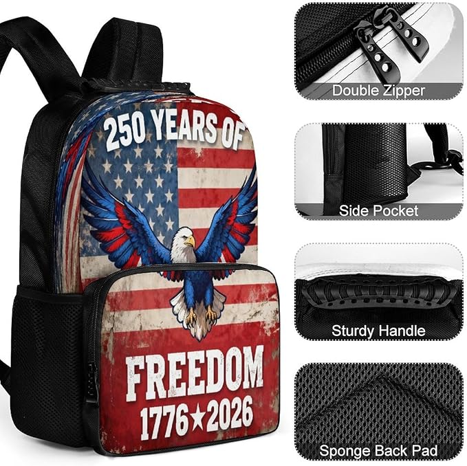 Men Women Polyester 250th Anniversary 1776-2026 Patriotic Eagle Art Daypack Bookbag Big Capacity Shoulder Bag With Padded Straps for Climbing Travel Walking Cycling