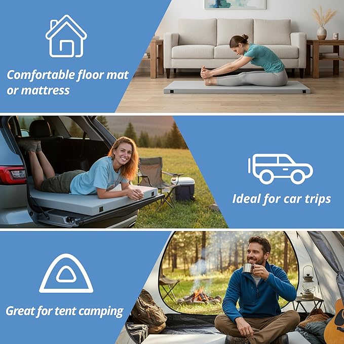 EGOHOME Memory Foam Camping Mattress 2.5 inch, Portable Roll Up Camping Sleep Topper with Waterproof and Non-Slip Bottom, Camping Car Mat with Travel Bag, Grey