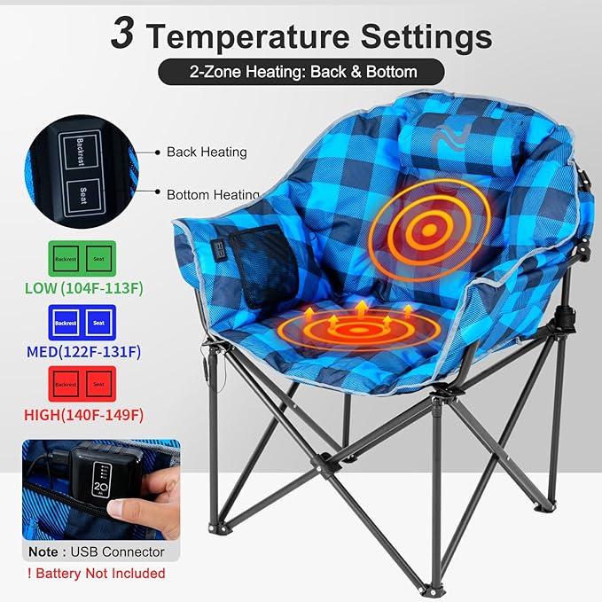 ABORON Oversized Heated Camping Chair, Portable Folding Recliner with 3 Heat Settings, Heavy-Duty Fully Padded Chair Supports Up to 500 lbs, Ideal for Outdoor Adventures