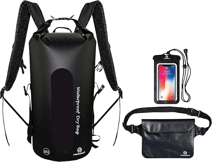 Freegrace Waterproof Dry Bags Set Of 3 - Dry Bag With 2 Zip Lock Seals, Waist Pouch & Phone Case - Can Be Submerged Into Water For Swimming, Kayak, Rafting & Boating (Window, Black, 35L)