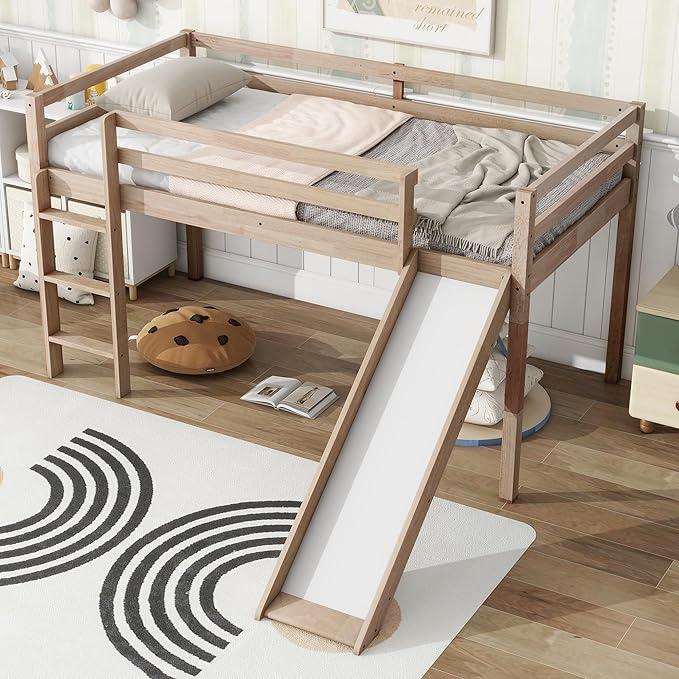 KEIKI Twin Low Loft Bed with Slide & Ladder, Rubber Wood, Underbed Storage, Guardrails, White Oak
